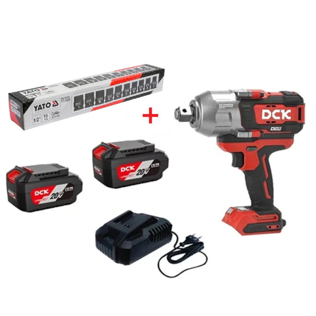 DCK Akkus ütvecsavarozó 1/2", 1700/ 1218 Nm nyomaték 20 V (2 db x 5,0 Ah akku + töltő) + DUGÓKULCS KÉSZLET