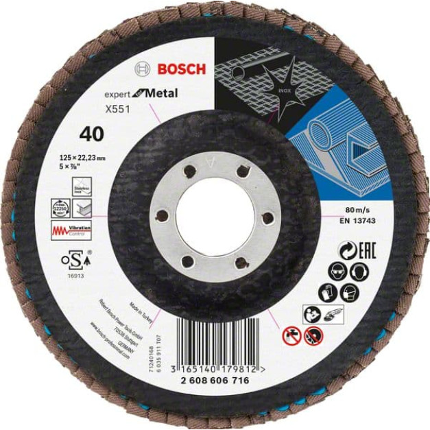 BOSCH Lamellás csiszolókorong kúpos 125 x 22,2 / P40 cirkon-korund X551 inox