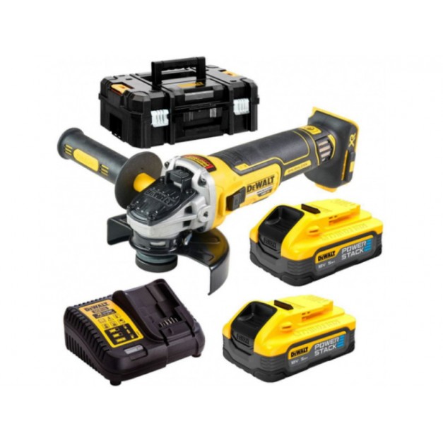 DEWALT Akkus sarokcsiszoló 125 mm 18 V szénkefe nélküli 125 mm (2 x 5,0 Ah akku + töltő + TSTAK)