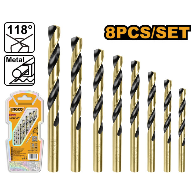 INGCO Csigafúró készlet 8 részes 2-8 mm HSS hengeres