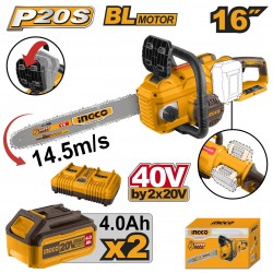 INGCO Akkus láncfűrész 400 mm szénkefe nélküli 2 x 20 V (2 x 4,0 Ah akku + töltő)