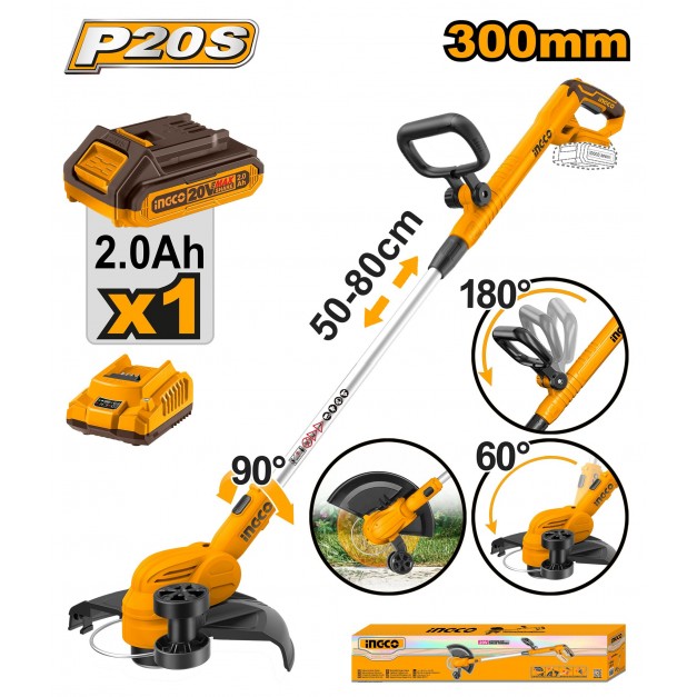 INGCO Akkus fűszegélynyíró 300 mm 20 V (1 x 2,0 Ah akku + töltő)