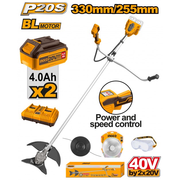 INGCO Akkus fűkasza 330 mm 2 x 20 V (2 x 4,0 Ah akku + töltő)