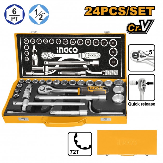 INGCO Dugókulcs készlet 24 részes 1/2" 10-32 mm CrV