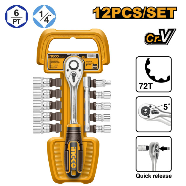 INGCO Dugókulcs készlet 12 részes 1/4" 5-14 mm CrV