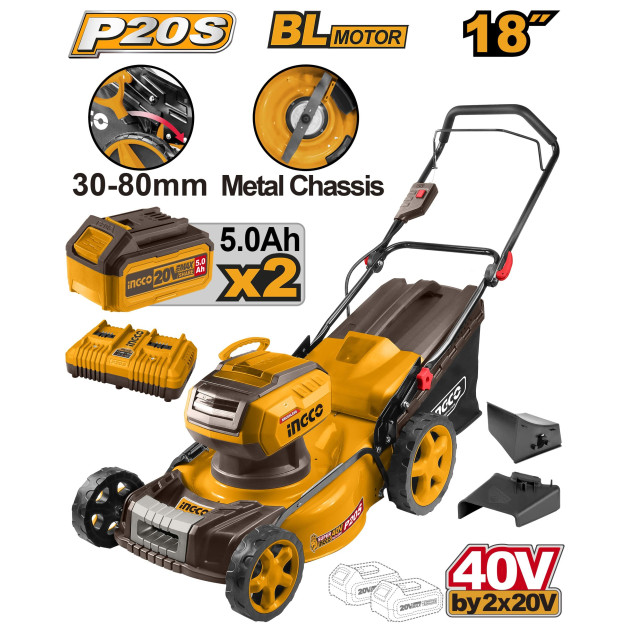 INGCO Akkus fűnyíró 460 mm 2 x 20 V (2 x 5,0 Ah akku + töltő)