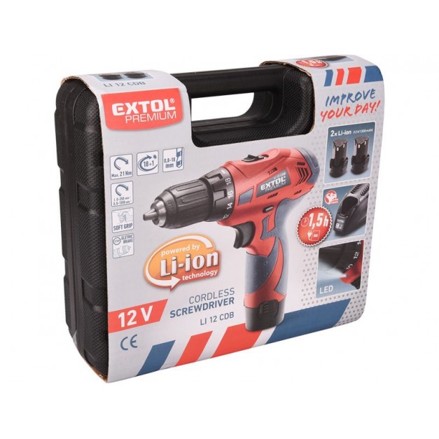 Extol Premium akkus csavarozó 12 V-os Li-Ion, 2db akku + KOFFER