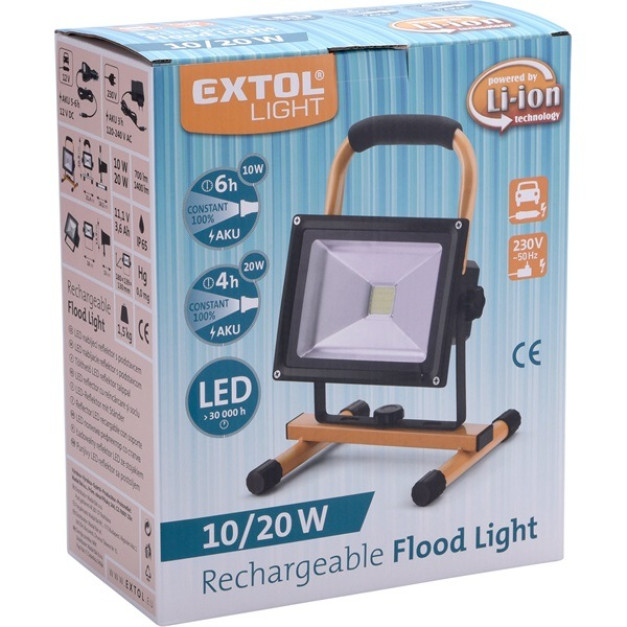 Extol hordozható LED lámpa reflektor, 10/20W IP65, Li-ion akku