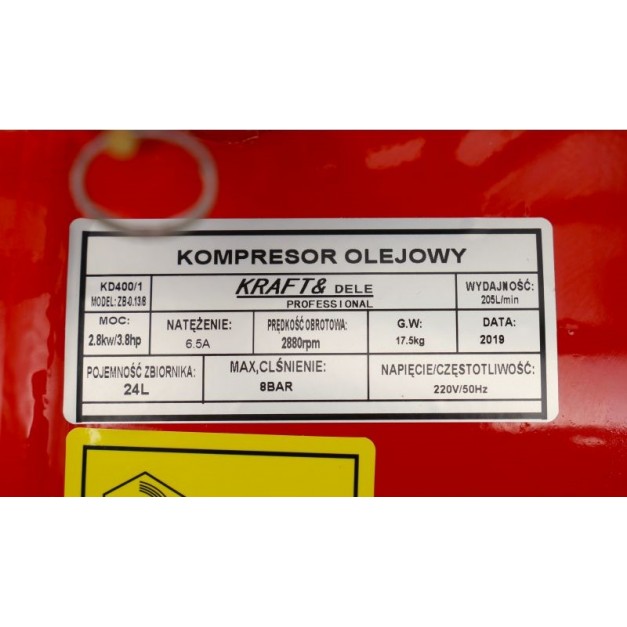 Kraft&Dele 24 literes olajos kompresszor  8 bar, 206 L/min