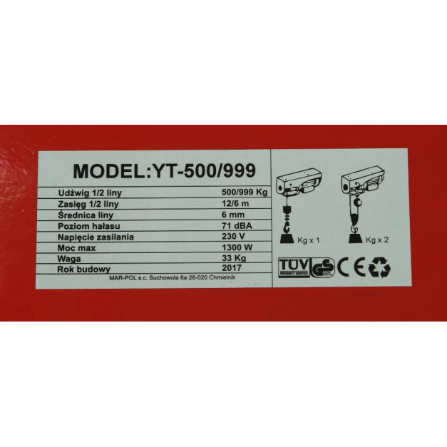 Marpol elektromos csörlő 500/1000kg 1300W / 12m