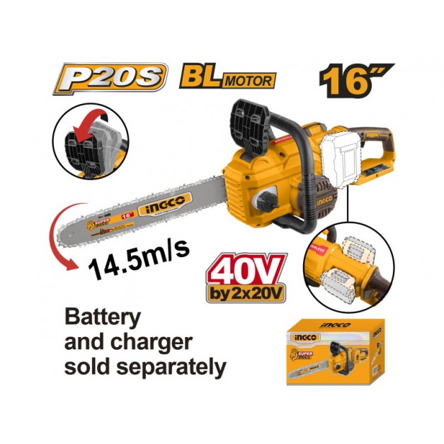INGCO Akkus láncfűrész 400 mm szénkefe nélküli 2 x 20 V (akku és töltő nélkül)