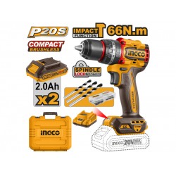 INGCO Akkus ütvefúró-csavarozó 66 Nm szénkefe nélküli 20 V (2 x 2,0 Ah akku + töltő)