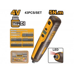 INGCO Akkus csavarozó 5 Nm 4 V + 43 részes bit (USB-C töltés)