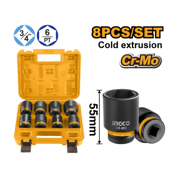 INGCO Gépi dugókulcs készlet 8 részes 3/4" 26-38 mm CrMo