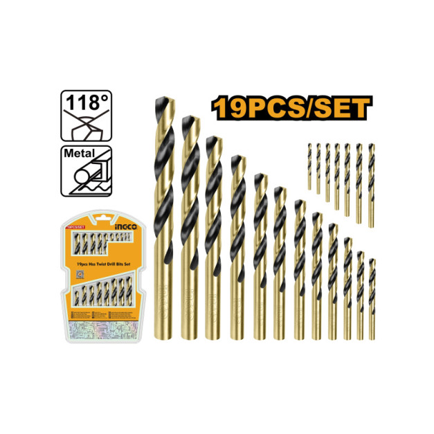 INGCO Csigafúró készlet 19 részes 1-10 mm HSS hengeres