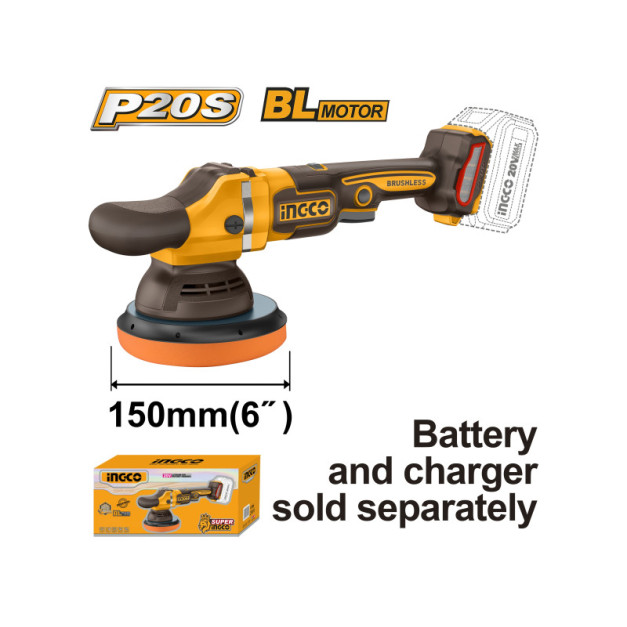 INGCO Akkus polírozó 150 mm szénkefe nélküli 20 V (akkus és töltő nélkül)