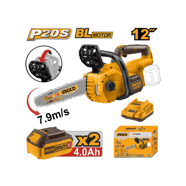 INGCO Akkus láncfűrész 300 mm szénkefe nélküli 20 V (2 x 4,0 Ah akku + töltő)