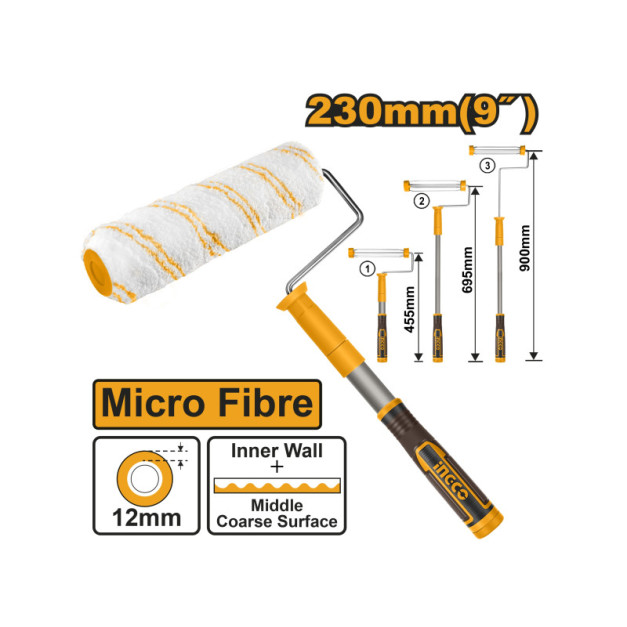 INGCO Mikroszálas festőhenger teleszkópos nyéllel 230 x 12 x 6 mm lágy foganytús 455-900 mm