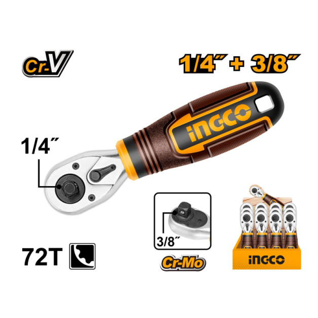 INGCO Mini racsnis hajtószár 1/4"-3/8" 140 mm CrV CrMo