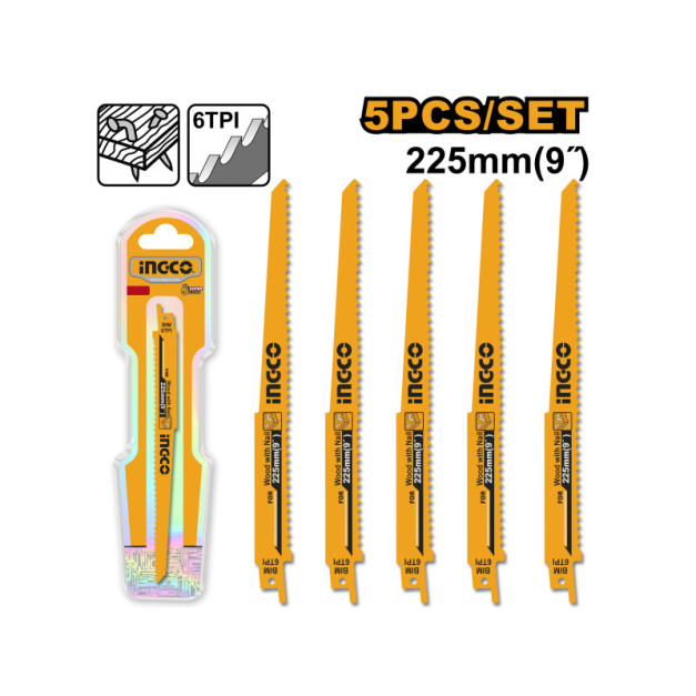 INGCO Szablyafűrészlap 225 mm 6 TPI szöges fára BIM (5 db)
