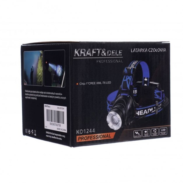 Kraft&Dele akkus LED fejlámpa, Cree T6, IPX45