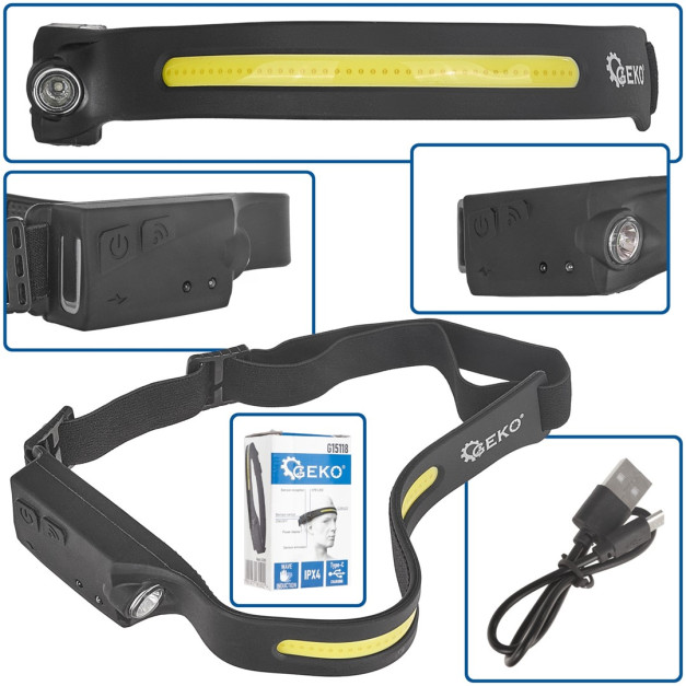 Geko LED COB mozgásérzékelős fejlámpa 3W + 1W XPE, 1200mAh, 350lm, IPX4 