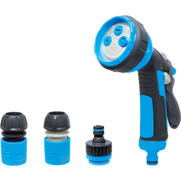 AQUACRAFT öntözőkészlet,  pisztoly 4 öntözési beállítással , STOP csatlakozó 1/2", adapter