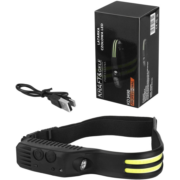 Kraft&Dele LED-es mozgásérzékelős fejlámpa, USB C, 40 COB és XPE oldalsó reflektor