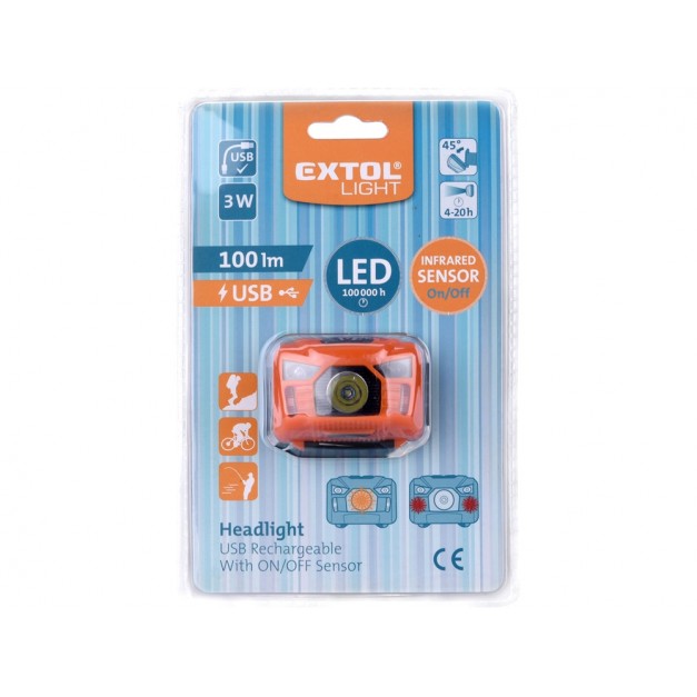 Extol LED fejlámpa, 3 W, CREE XPL, 100 Lumen; IR szenzor, tölthető akkuval, 3 funkció, fehér+piros fény