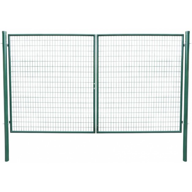 Kétszárnyú kerti kapu 358 x 175 cm , csővázas, zárral, kulcsokkal, ütközővel , RAL6005