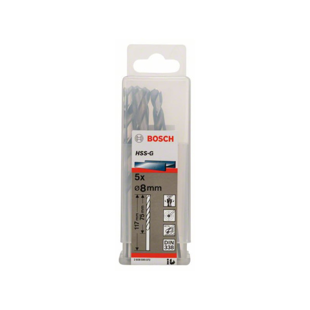 BOSCH Csigafúró 8,0 x 117/75 mm 135° HSS-G DIN 338 (5 db/cs)