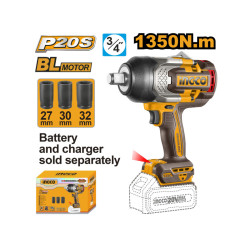 INGCO Akkus ütvecsavarozó 3/4" 1350 Nm szénkefe nélküli 20 V (akku és töltő nélkül) + 3db dugófej