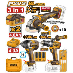 INGCO Akkus erőcsomag 20 V, Ütvefúró-csavarozó 96 Nm+Sarokcsiszoló 115 mm+Ütvecsavarozó 850 Nm