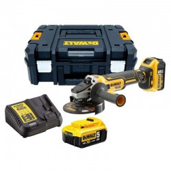 DEWALT Akkus sarokcsiszoló 125 mm 18 V szénkefe nélküli 125 mm (2 x 5,0 Ah akku + töltő) DCG405P2