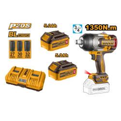 INGCO Akkus ütvecsavarozó 3/4" 1350 Nm szénkefe nélküli + dupla akkumulátor töltő  + 2 db 5,0 Ah akku