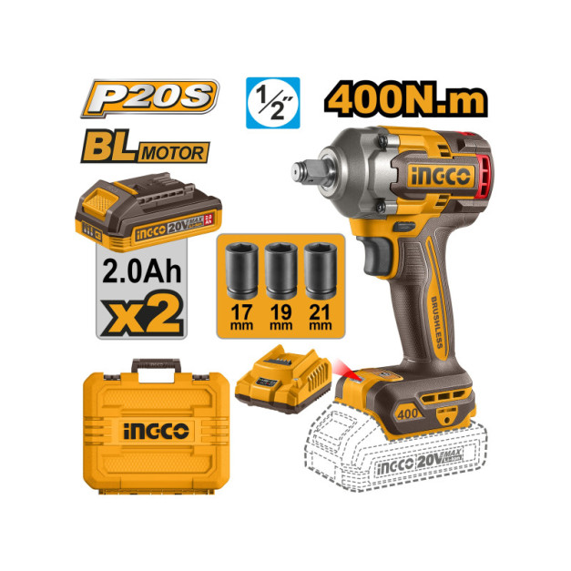 INGCO Akkus ütvecsavarozó 1/2" 400 Nm szénkefe nélküli 20 V (2 x 2,0 Ah akku + töltő) CIWLI2040E