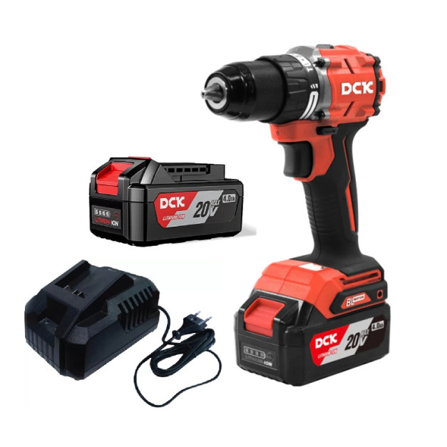 DCK Akkus ütvefúró-csavarozó 60 Nm szénkefe nélküli 20 V (2 x 4,0 Ah akku + töltő)